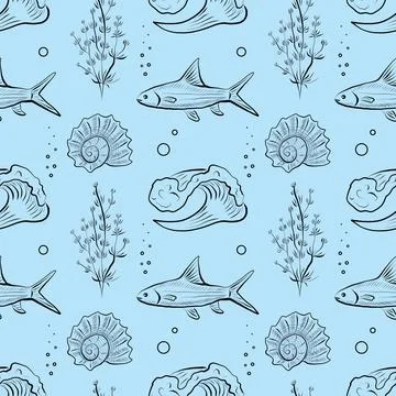 Seamless vector pattern with hand-drawn sea fish, shells, waves and seaweed on Stock Illustration