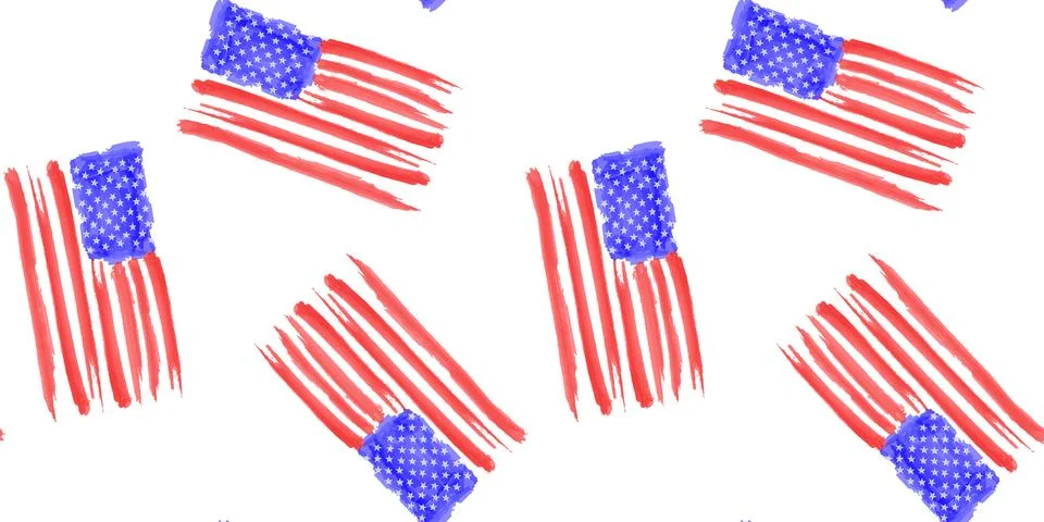 Seamless vector pattern with hand painted american flags, watercolor usa fl.. Stock Illustration