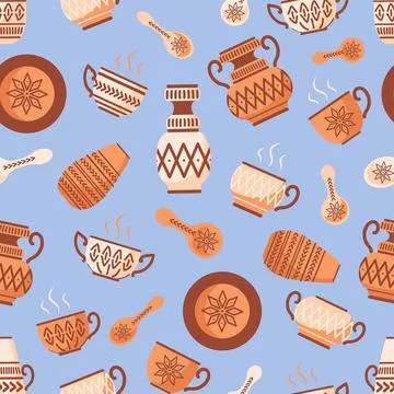 Seamless vector pattern Handmade ceramics dishes with ethnic ornaments. amphoras Stock Illustration