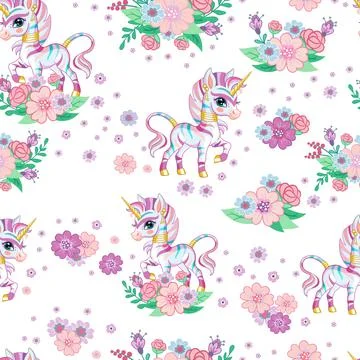 Seamless vector pattern with happy rainbow zebra and flowers イラスト素材