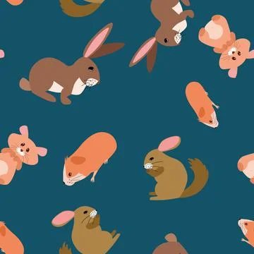 Seamless vector pattern with hares, chinchilla and guinea pig on a dark green Illustrazione stock