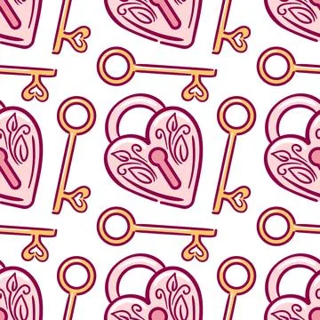 Seamless vector pattern of heart-shaped locks and vintage keys, intertwined with Stock Illustration
