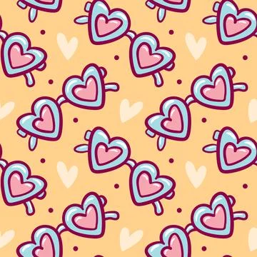 Seamless vector pattern of heart-shaped sunglasses in playful colors with Stock Illustration