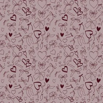 Seamless vector pattern with hearts and bows. Red and pink pattern for fabrics,  스톡 일러스트