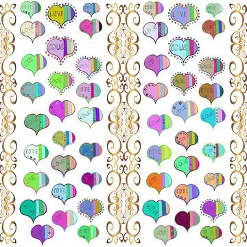 Seamless vector pattern with hearts. Drawing in sketch style on green, blue, whi Stock Illustration