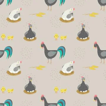 Seamless vector pattern with hen, rooster, chickens. Breeding chickens and Stock Illustration