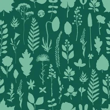 Seamless vector pattern with herbarium leaves and flowers in a simple style. Illustrazione stock