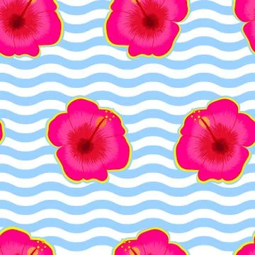Seamless Vector pattern of Hibiscus Flowers on Wavy Background Illustrazione stock