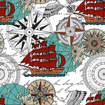 Seamless vector pattern with historical ship Stock Illustration