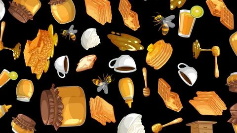 Seamless Vector Pattern of Honey Breakfast Items and Bees on Black Stock Illustration