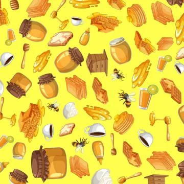 Seamless Vector Pattern of Honey Breakfast Items and Bees on Yellow Stock Illustration