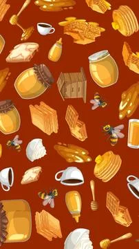 Seamless Vector Pattern of Honey Breakfast Items and Bees Stock Illustration