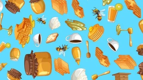 Seamless Vector Pattern of Honey Breakfast Food and Flying Bees Stock Illustration