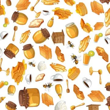 Seamless Vector Pattern of Honey Breakfast Items and Bees 库存插图