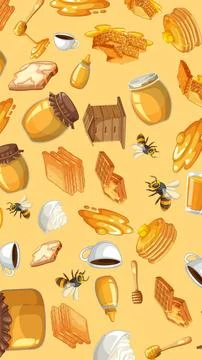 Seamless Vector Pattern of Honey Breakfast Food and Flying Bees Stock Illustration