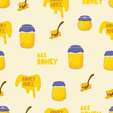Seamless vector pattern of honey jar, wooden spoon, lettering 100 honey, honey 스톡 일러스트