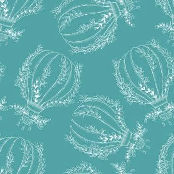 Seamless vector pattern with hot air balloon, plants and floral elements isol Stock Illustration