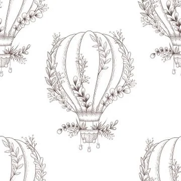 Seamless vector pattern with hot air balloon, plants and floral elements isol Illustrazione stock