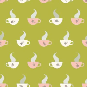Seamless vector pattern with hot teacups and steam Stock Illustration