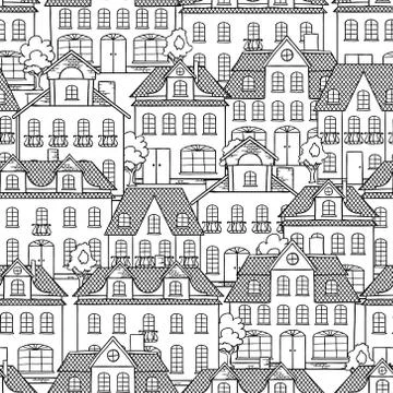 Seamless vector pattern with houses and trees 스톡 일러스트