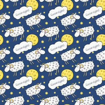 Seamless vector pattern with images cute sheep on background night sky with m Illustrazione stock
