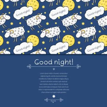 Seamless vector pattern with images cute sheep on background night sky with m Stock Illustration