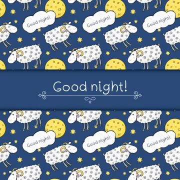 Seamless vector pattern with images cute sheep on background night sky with m Stock Illustration
