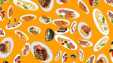 Seamless Vector Pattern of International Breakfast and Dinner Food Dishes イラスト素材