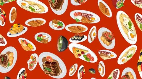 Seamless Vector Pattern of International Breakfast and Dinner Food Dishes Stock Illustration