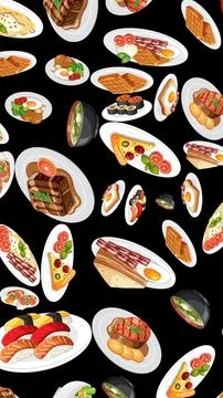 Seamless Vector Pattern of International Breakfast and Dinner Food Dishes Stock Illustration