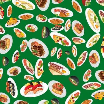 Seamless Vector Pattern of International Breakfast and Dinner Food Dishes Stock Illustration