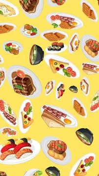Seamless Vector Pattern of International Breakfast and Dinner Food Dishes Stock Illustration