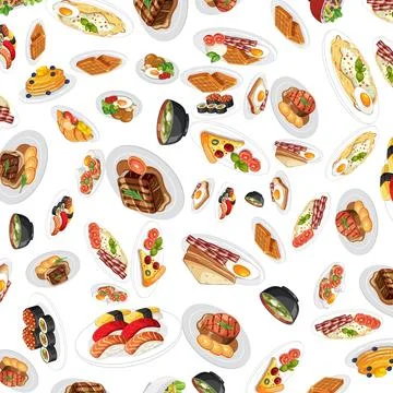 Seamless Vector Pattern of International Breakfast and Dinner Food Dishes Stock Illustration