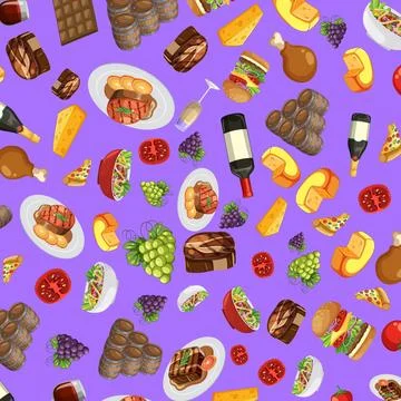 Seamless Vector Pattern of Italian Food and Wine on Purple Background Stock Illustration