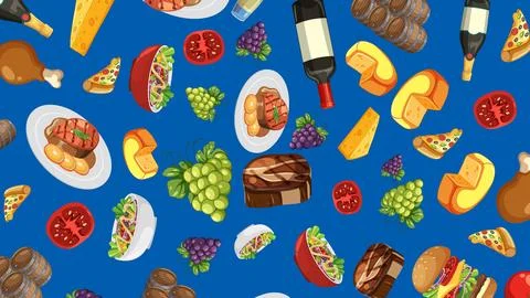 Seamless Vector Pattern of Italian Food and Wine on Blue Background Stock Illustration