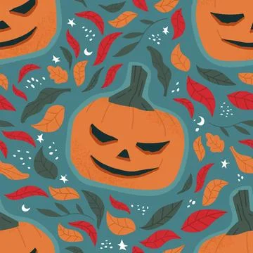 Seamless vector pattern with jack-o-lantern and autumn leaves. Beautiful flat Illustrazione stock