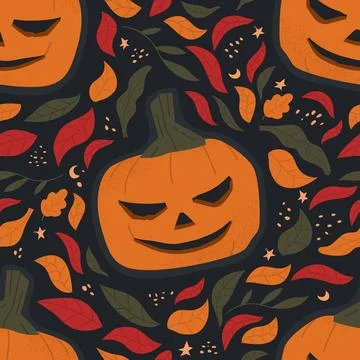 Seamless vector pattern with jack-o-lantern and fall leaves. Beautiful flat i Stock Illustration