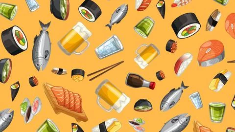 Seamless Vector Pattern of Japanese Cuisine and Drinks on Yellow Background Stock Illustration