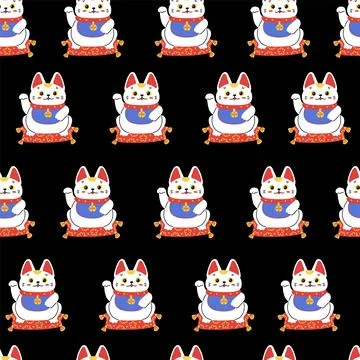 Seamless vector pattern with Japanese Maneki Neko, lucky cat wealth symbol sits Stockillustratie