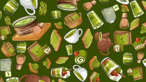 Seamless Vector Pattern of Japanese Matcha Tea and Green Tea Desserts Stockillustratie