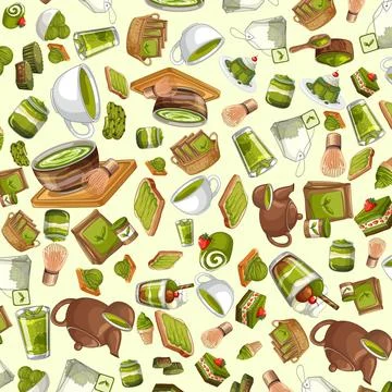 Seamless Vector Pattern of Japanese Matcha Green Tea and Desserts Stock Illustration