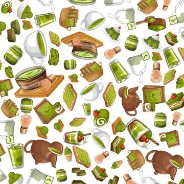 Seamless Vector Pattern of Japanese Matcha Green Tea and Desserts 스톡 일러스트