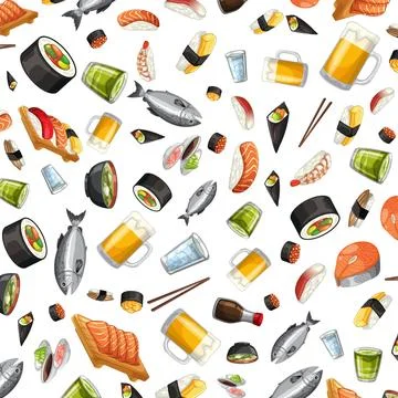 Seamless Vector Pattern of Japanese Sushi Sashimi and Beer Mugs Stock Illustration