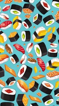 Seamless Vector Pattern of Japanese Sushi and Seafood on Blue Background 스톡 일러스트