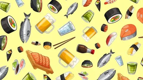 Seamless Vector Pattern of Japanese Sushi Sashimi and Drinks Illustrazione stock