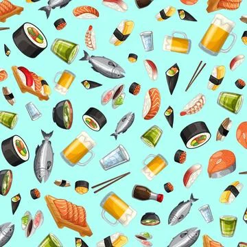 Seamless Vector Pattern of Japanese Sushi Sashimi and Drinks Illustrazione stock