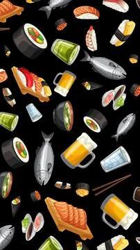 Seamless Vector Pattern of Japanese Sushi Sashimi and Drinks Stock Illustration