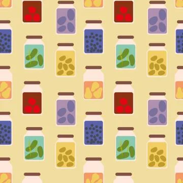Seamless vector pattern with jars full of preserved fruits and veggies Stock-Illustration