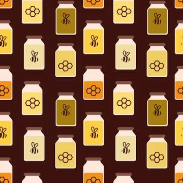 Seamless vector pattern with jars full of honey on dark background Stock Illustration