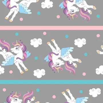 Seamless vector pattern with joy unicorns gray Stock Illustration